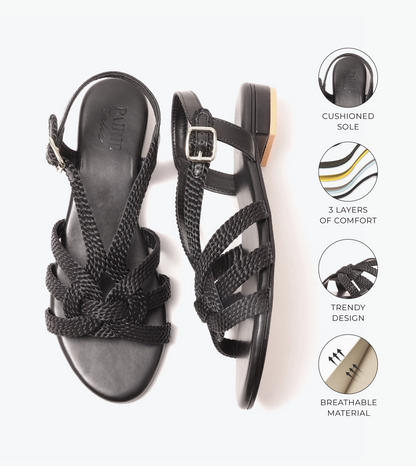 Entwined Woven Strap Flats Sandal - Black