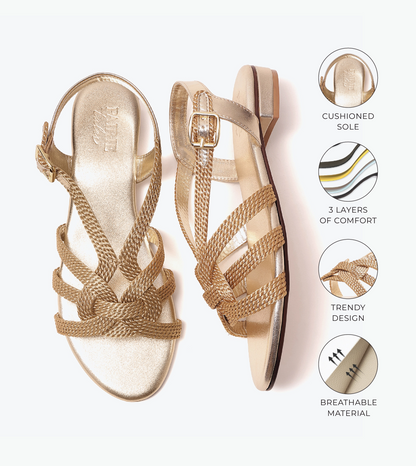 Entwined Woven Strap Flats Sandal - Light Gold