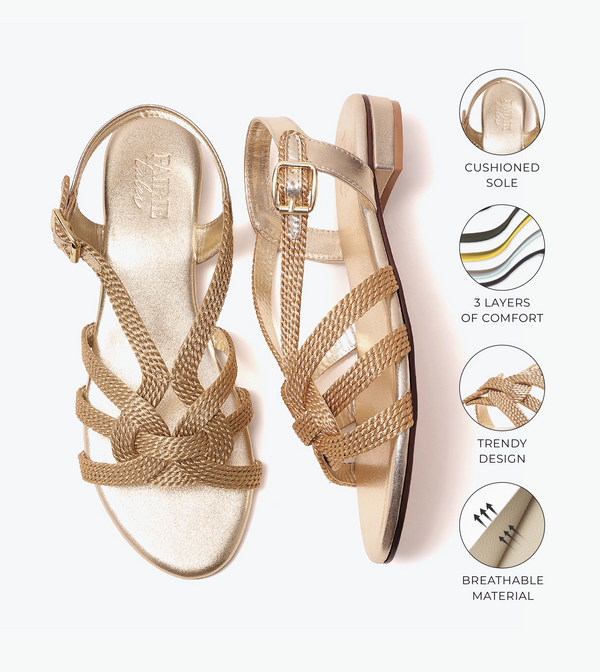Entwined Woven Strap Flats Sandal - Light Gold