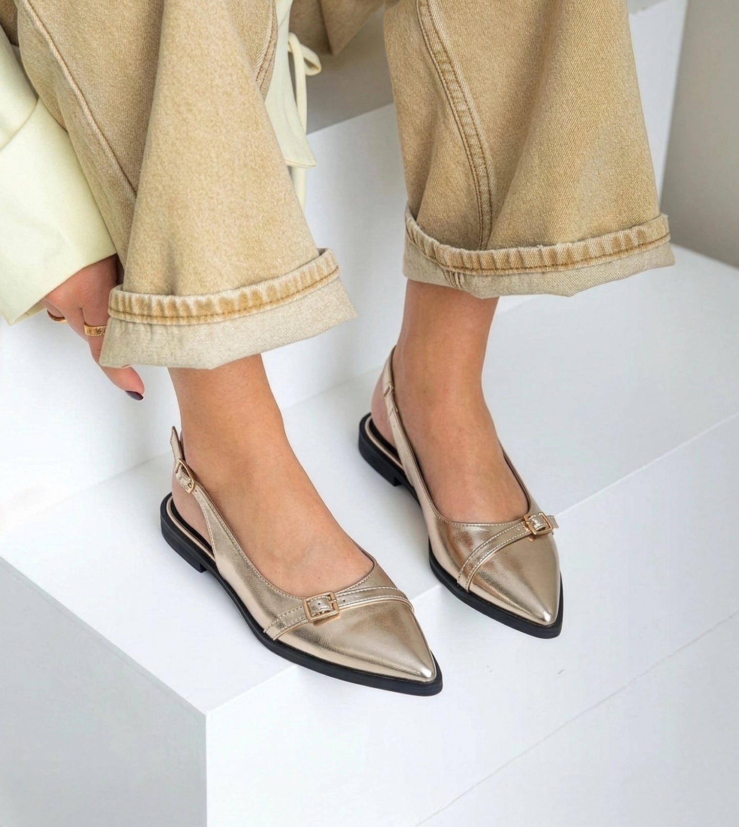 Pointed-Toe Buckle Slingback - Gold