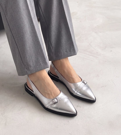Pointed-Toe Buckle Slingback - Silver