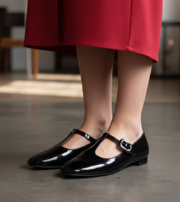 Classic Buckled Strap Mary Jane Flats - Black