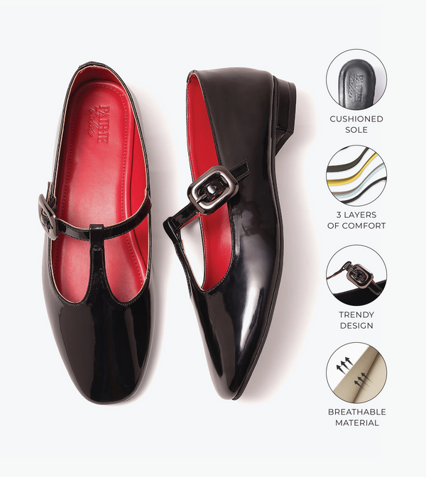 Classic Buckled Strap Mary Jane Flats - Black