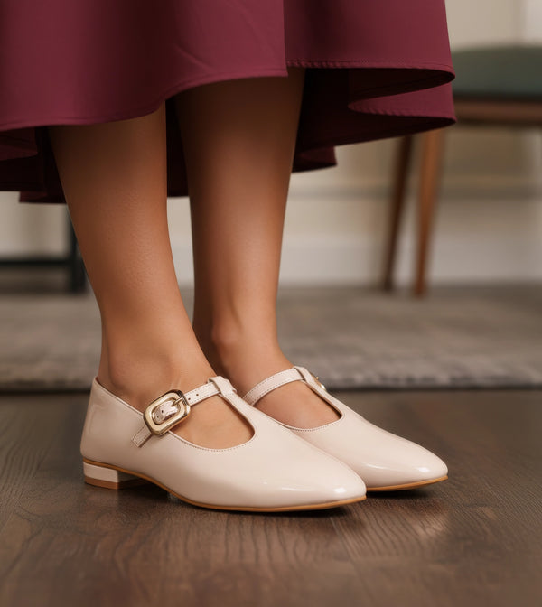 Classic Buckled Strap Mary Jane Flats - Cream