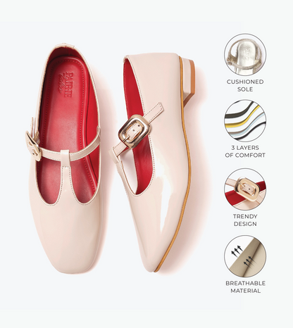 Classic Buckled Strap Mary Jane Flats - Cream