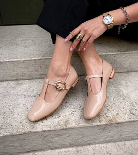 Classic Buckled Strap Mary Jane Flats - Cream