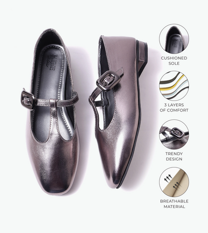 Classic Buckled Strap Mary Jane Flats - Gunmetal