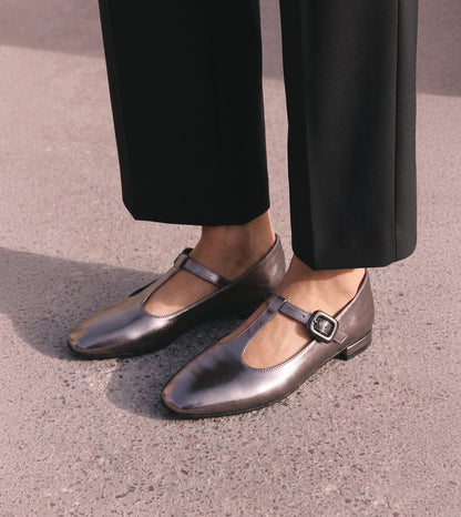 Classic Buckled Strap Mary Jane Flats - Gunmetal