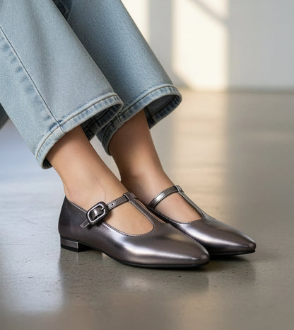 Classic Buckled Strap Mary Jane Flats - Gunmetal