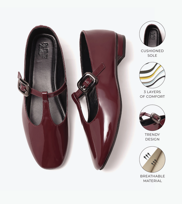 Classic Buckled Strap Mary Jane Flats - Wine