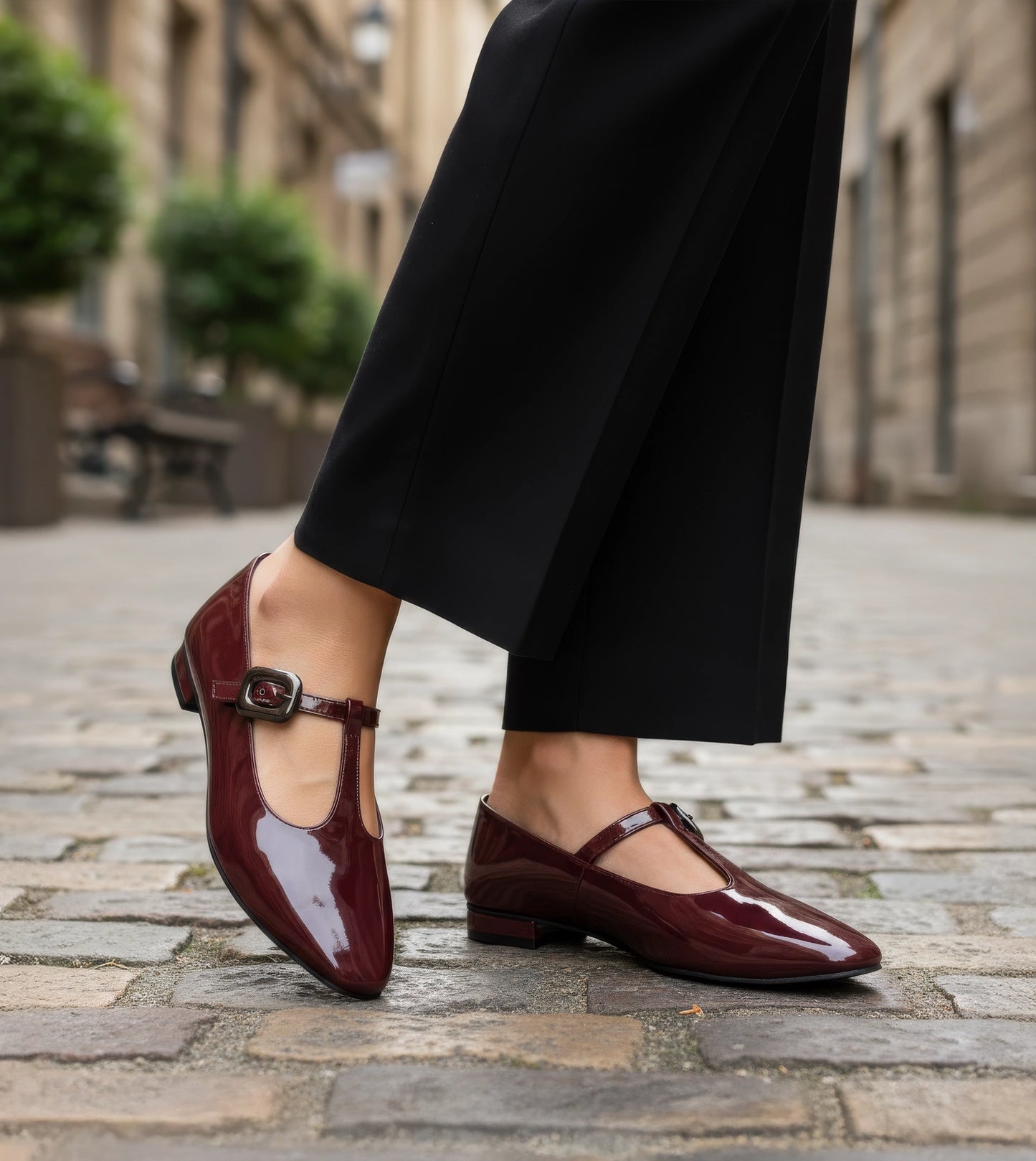 Classic Buckled Strap Mary Jane Flats - Wine