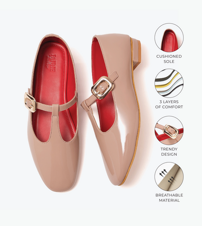 Classic Buckled Strap Mary Jane Flats - Nude