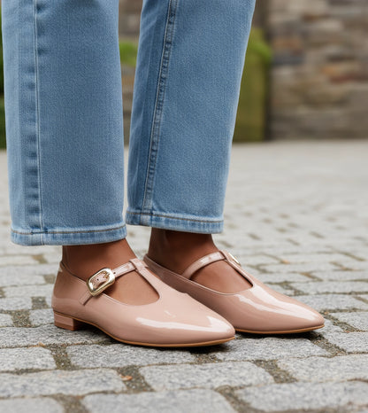 Classic Buckled Strap Mary Jane Flats - Nude