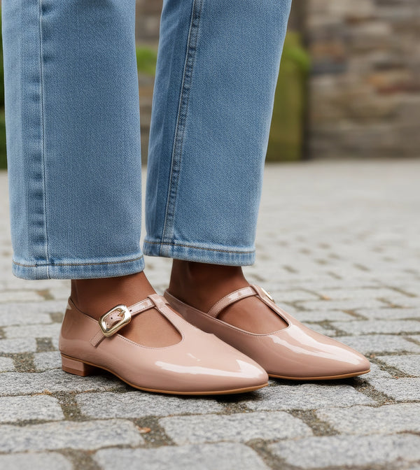 Classic Buckled Strap Mary Jane Flats - Nude
