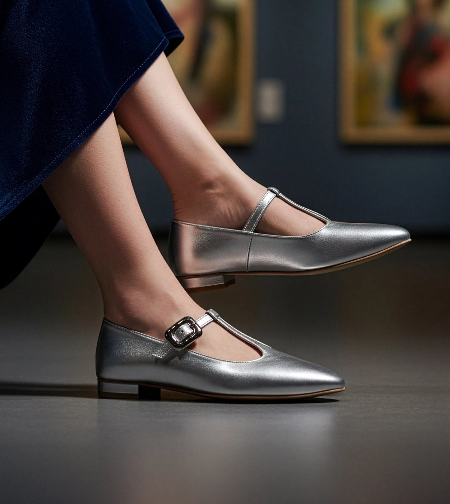 Classic Buckled Strap Mary Jane Flats - Silver