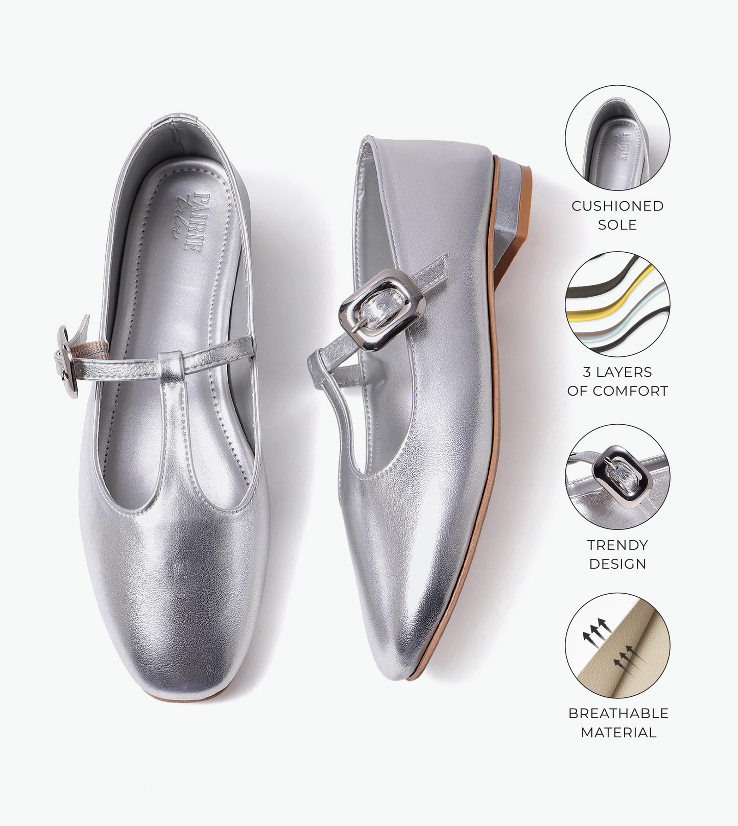 Classic Buckled Strap Mary Jane Flats - Silver
