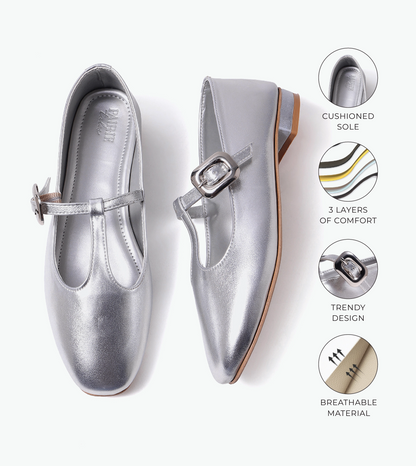 Classic Buckled Strap Mary Jane Flats - Silver