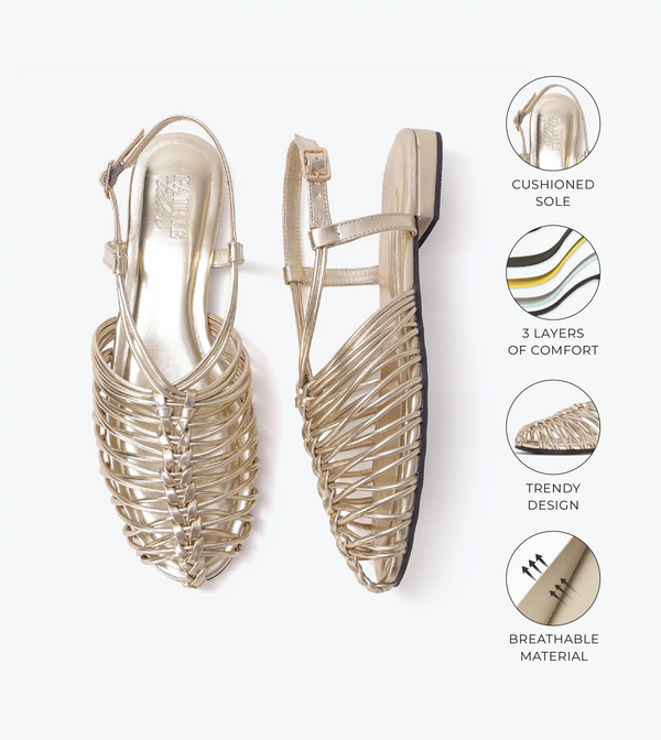 Interlace slingback sandals for women in gold, top view with feature callouts