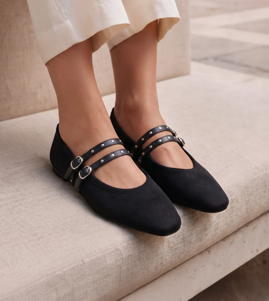 Studded Double-Strap Mary Janes - Black