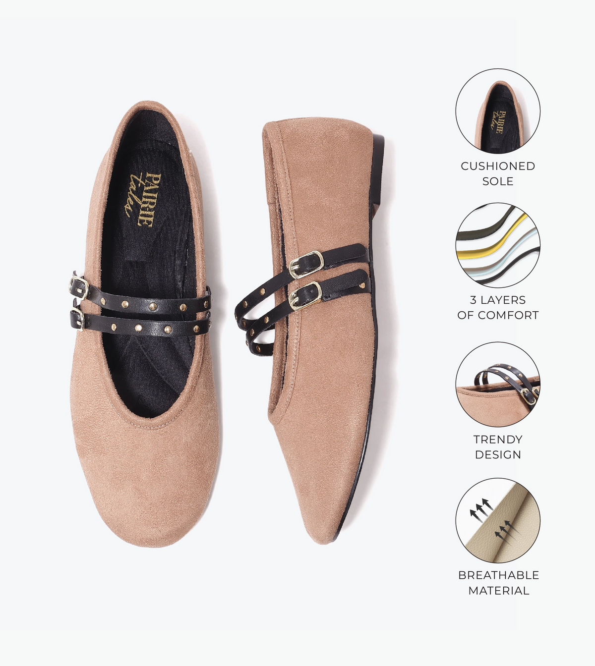 Studded Double-Strap Mary Janes - Beige