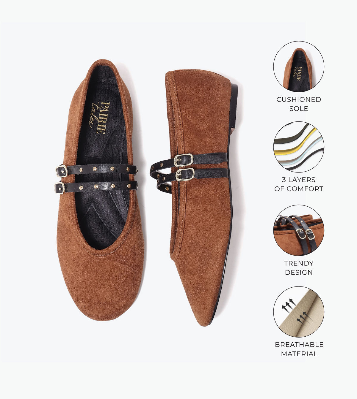 Studded Double-Strap Mary Janes - Tan