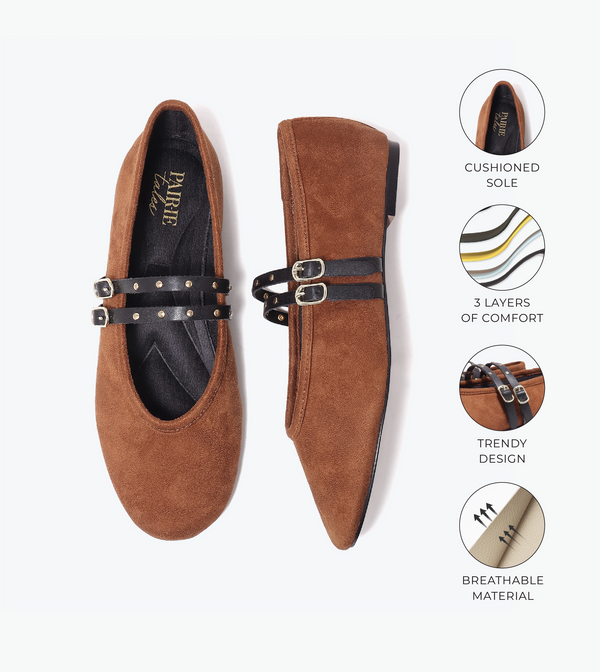 Studded Double-Strap Mary Janes - Tan