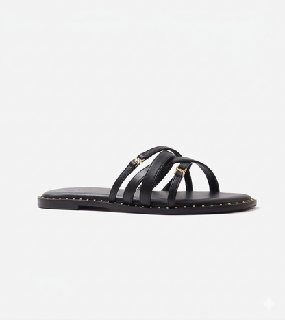 Multi-Strap Flats with Gold Accent - Black