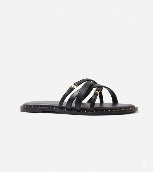 Multi-Strap Flats with Gold Accent - Black