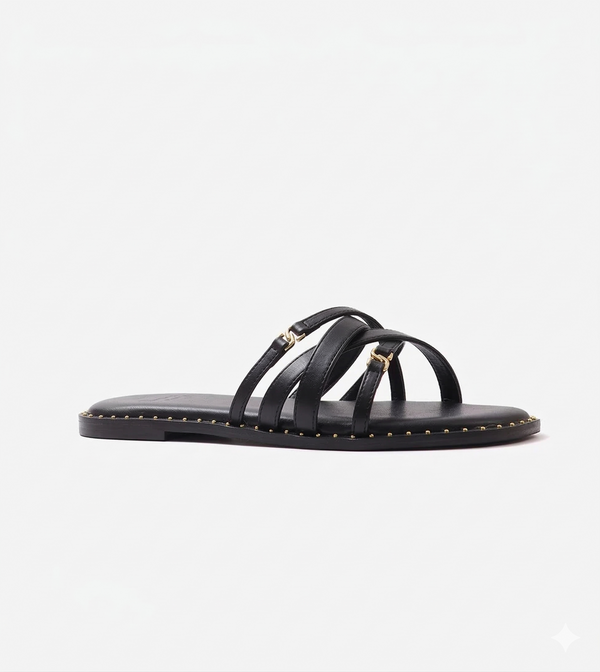 Multi-Strap Flats with Gold Accent - Black