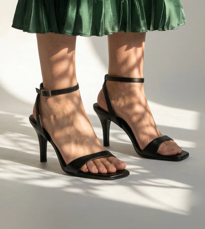 Stiletto-Heel Ankle Strap Sandals - Black