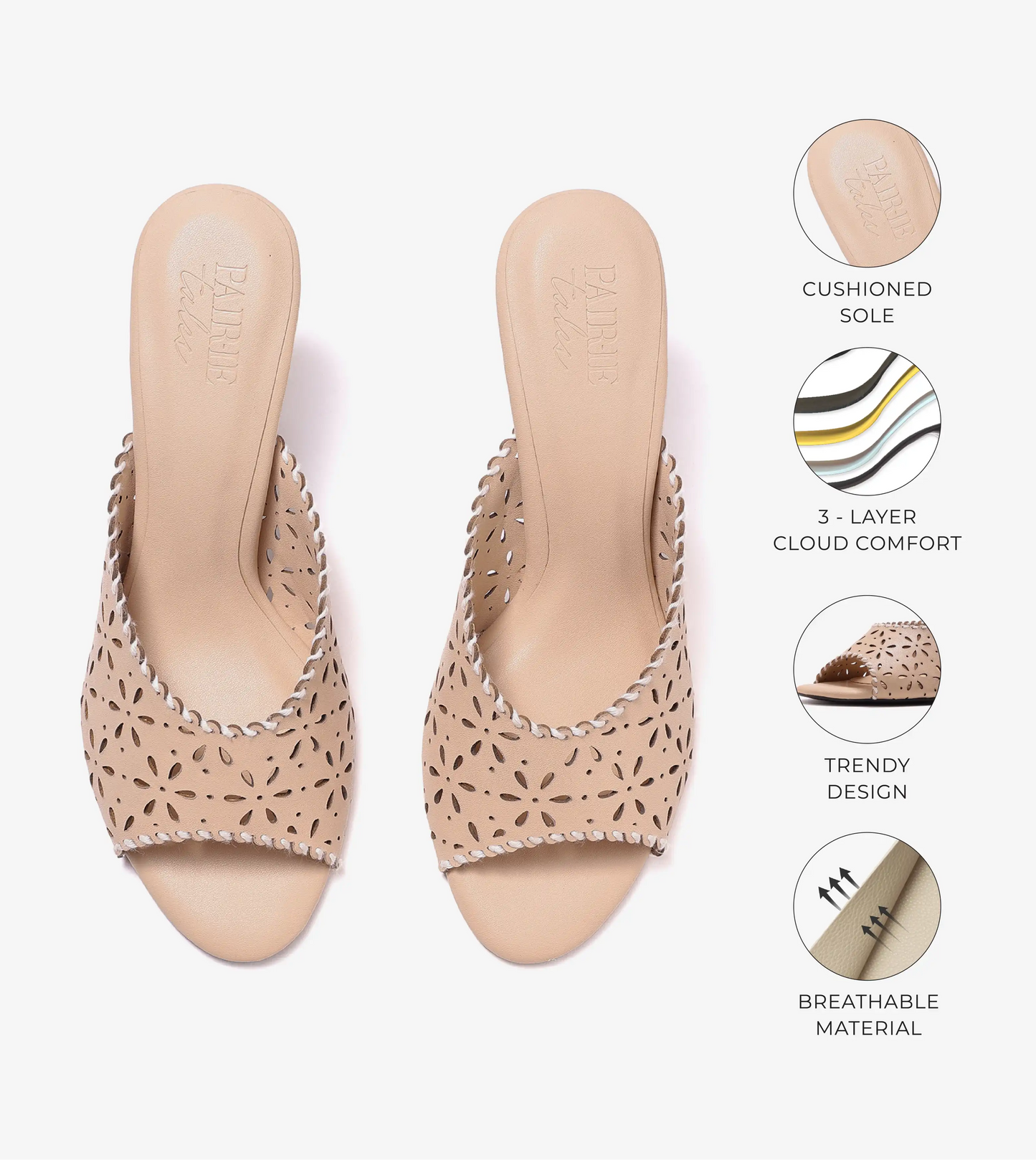 Laser Cutwork Stiletto Mules - Cream