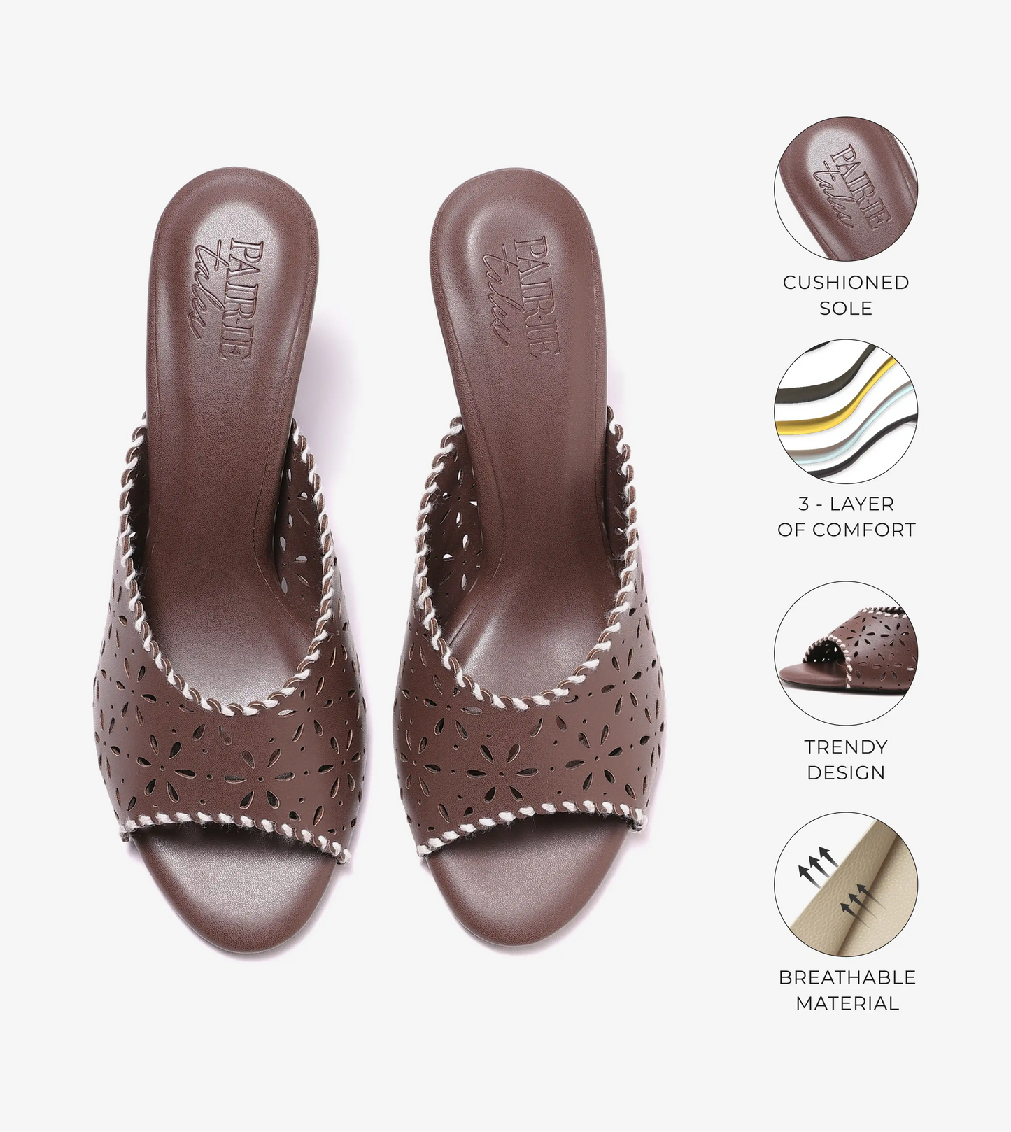 Laser Cutwork Stiletto Mules - Brown