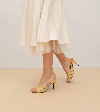 Laser Cutwork Stiletto Mules - Yellow