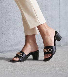 Chain Link Heeled Mules - Black