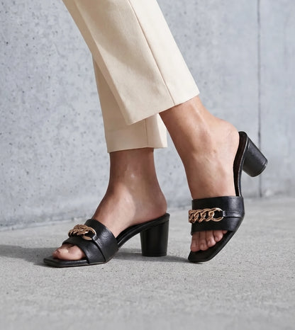 Chain Link Heeled Mules - Black