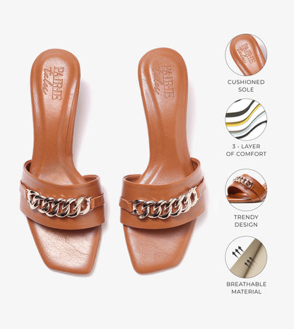 Chain Link Heeled Mules - Tan