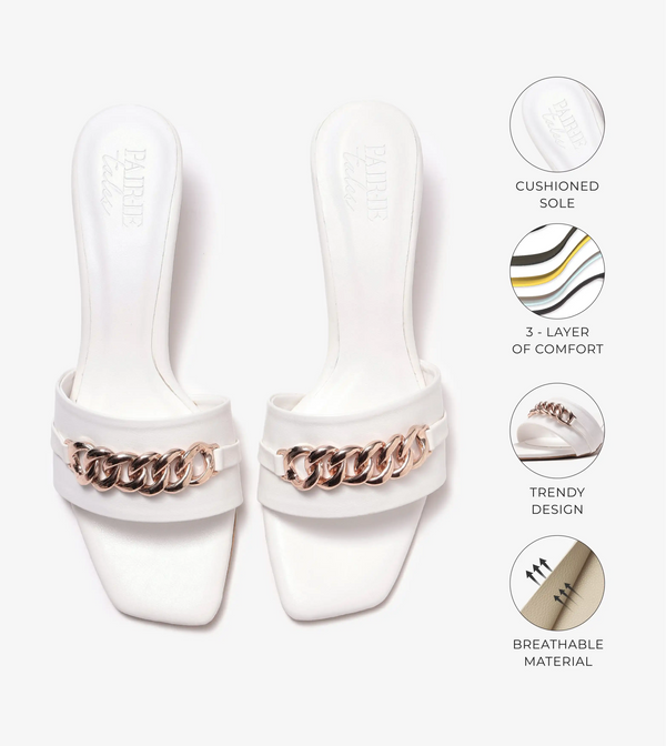 Chain Link Heeled Mules - White