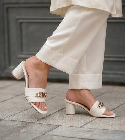 Chain Link Heeled Mules - White