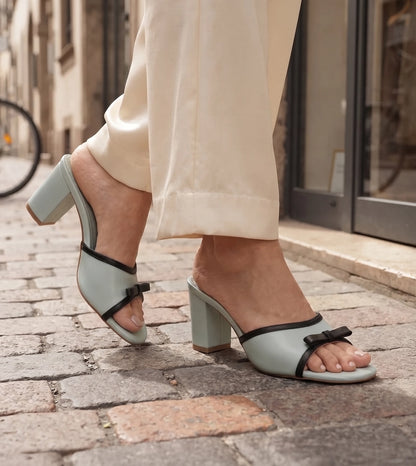 Two Tone Bow Heeled Mules - Green