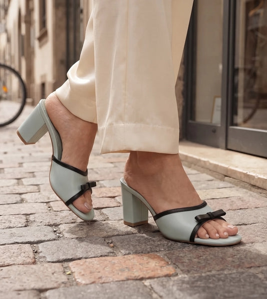 Two Tone Bow Heeled Mules - Green