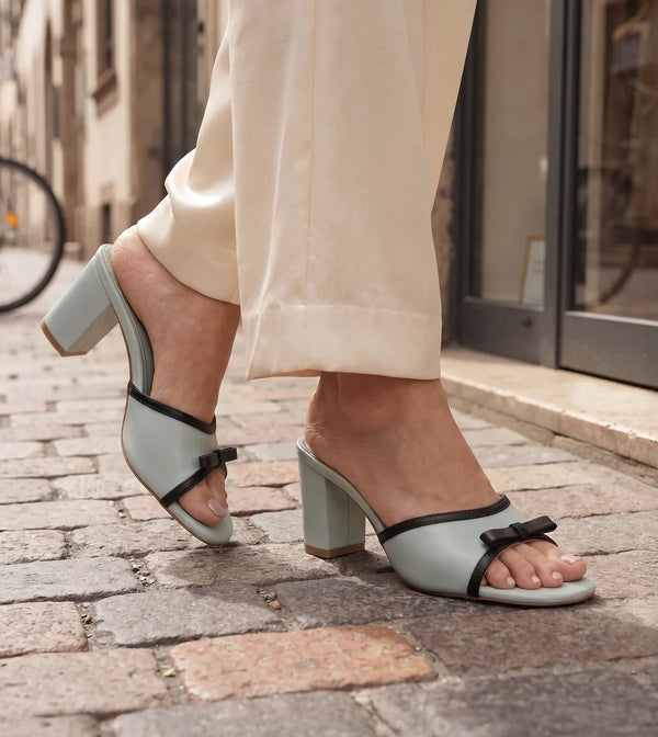 Two Tone Bow Heeled Mules - Green