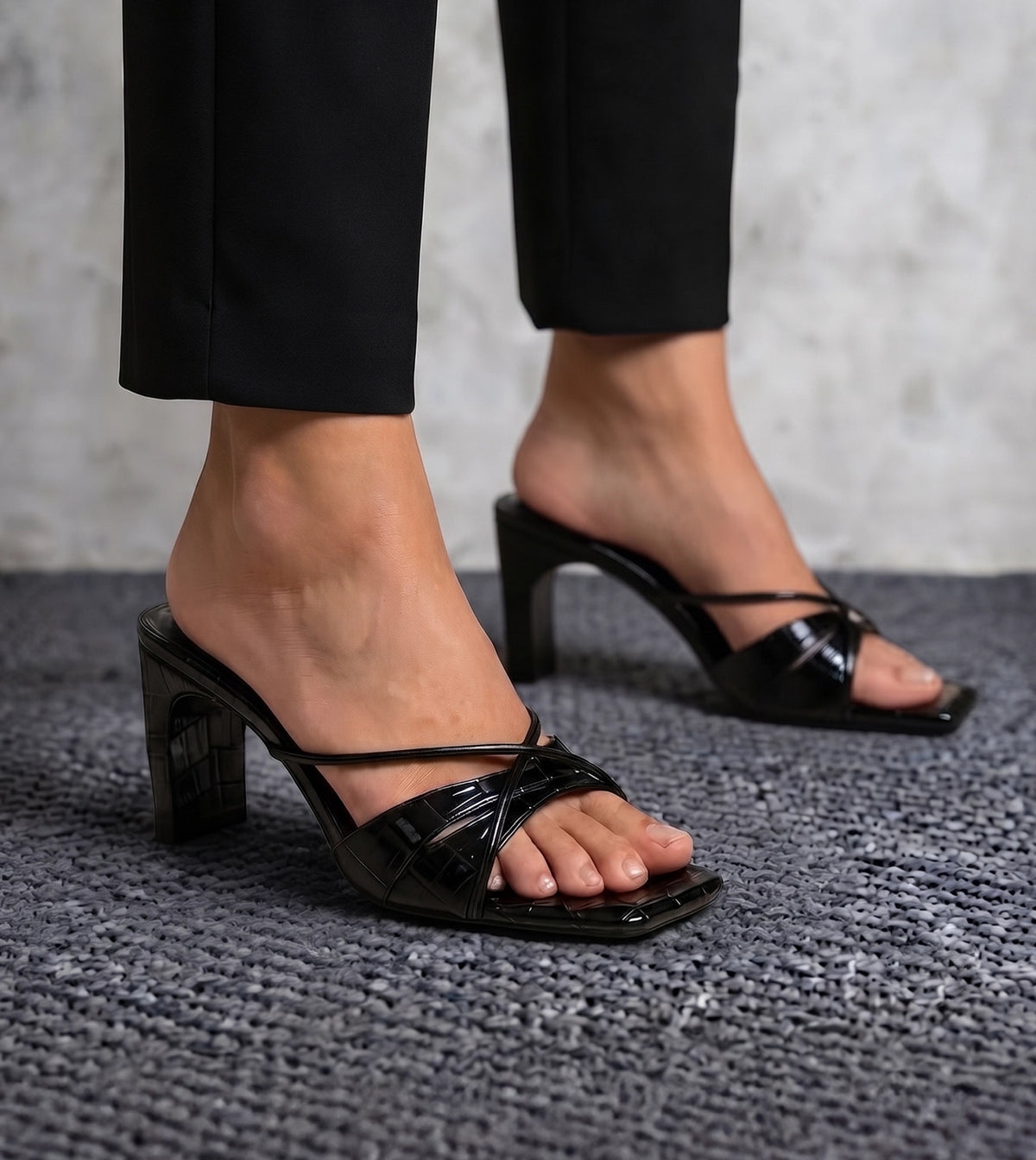 Patent Croco Meadow Strappy Sandals - Black
