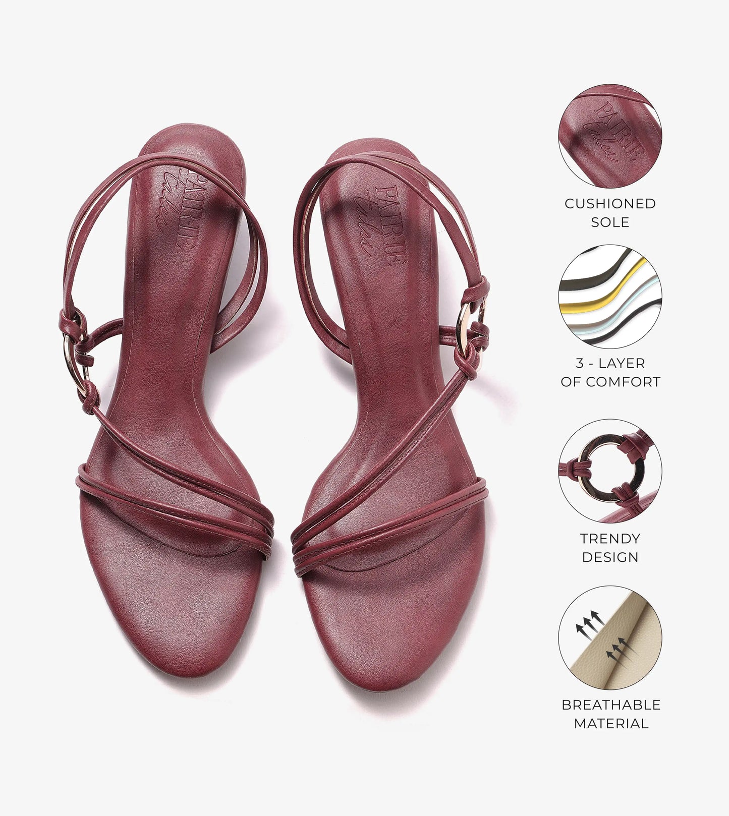 Strappy Kitten Heel With Metallic Adornment  - Cherry