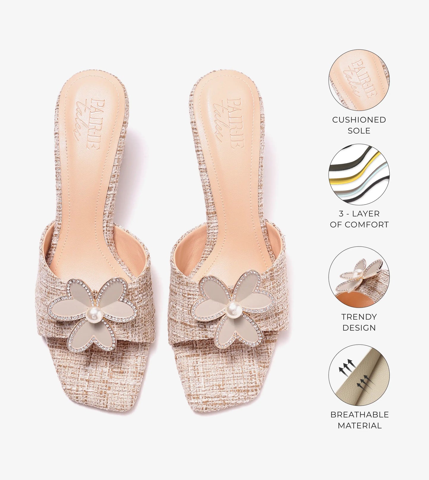 Jute Block Heeled Mule With Metal Adornment - Beige