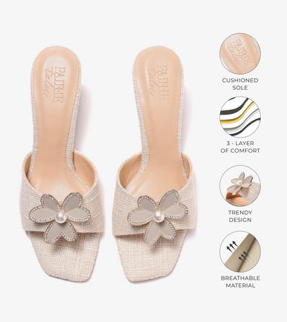 Jute Block Heeled Mule With Metal Adornment - Cream