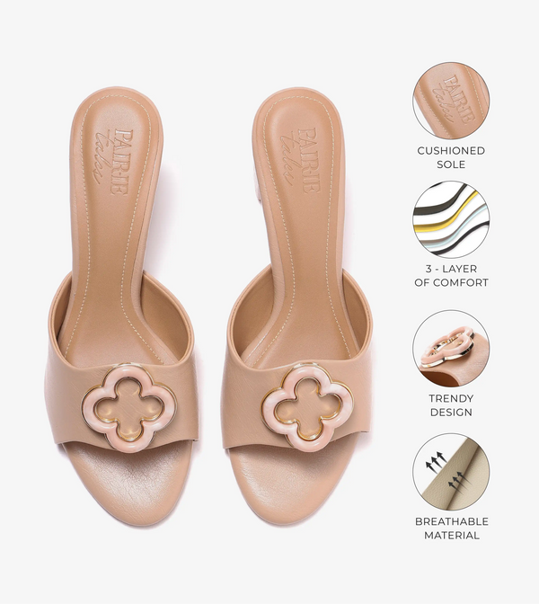 Floral Adornment Block Heeled Sandals - Beige