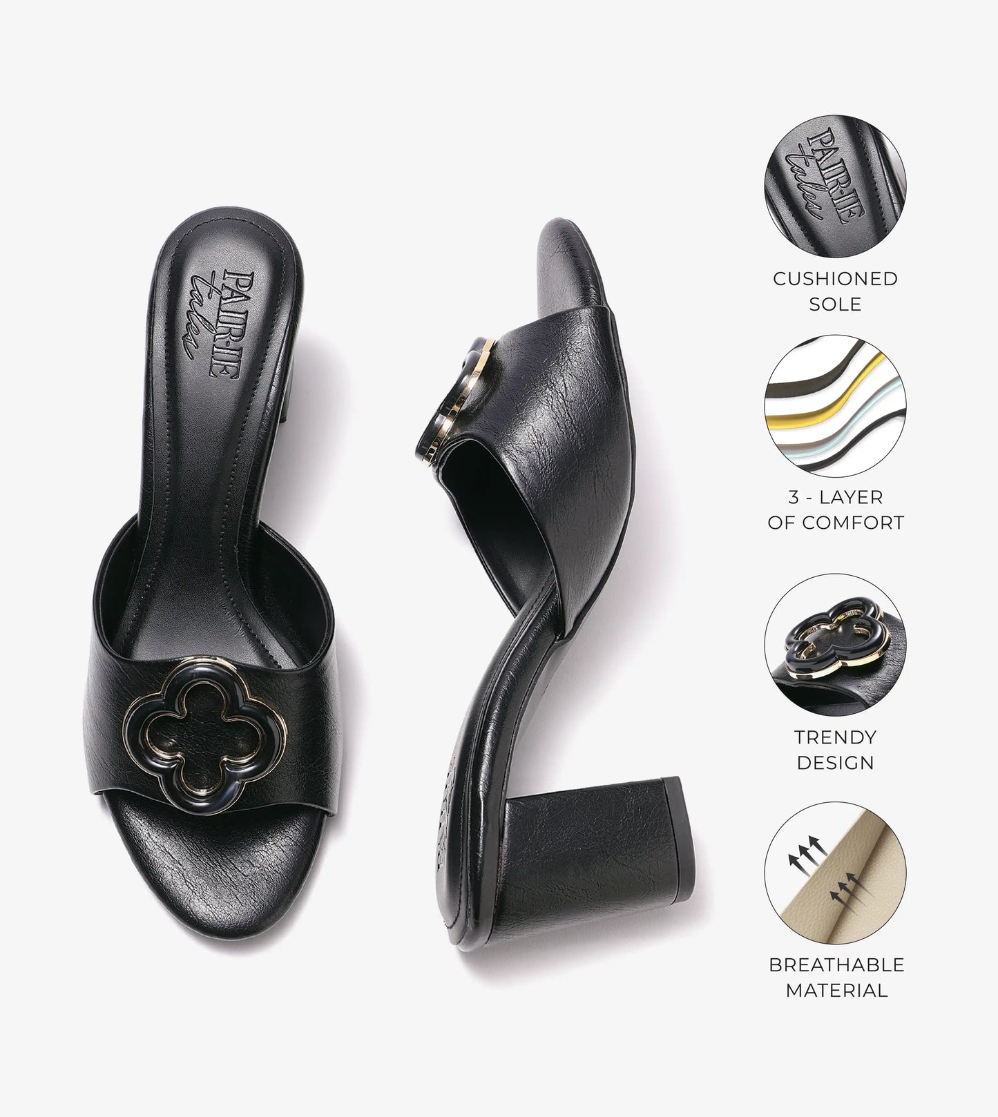 Floral Adornment Block Heeled Sandals - Black