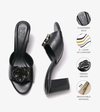 Floral Adornment Block Heeled Sandals - Black