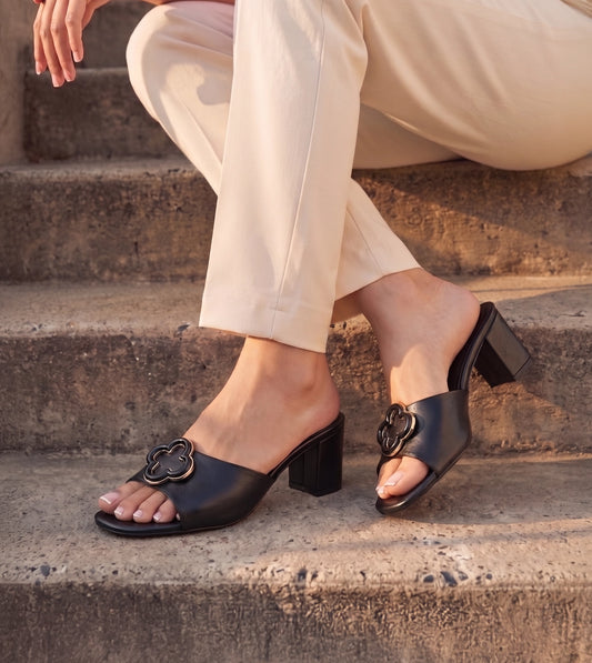 Floral Adornment Block Heeled Sandals - Black