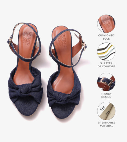 Denim Bow Detail Platform Heeled Sandals - Dark Blue